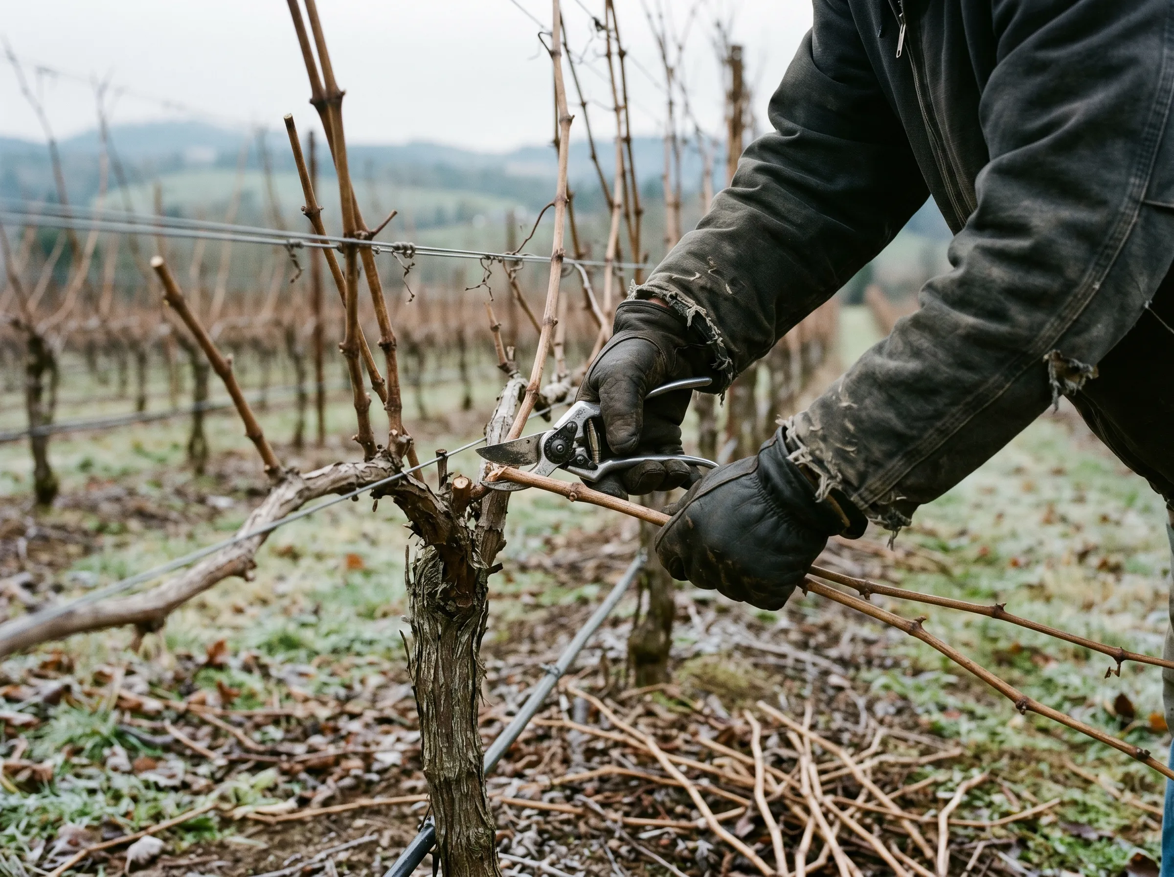 A winemaker pruning dormant vines in winter