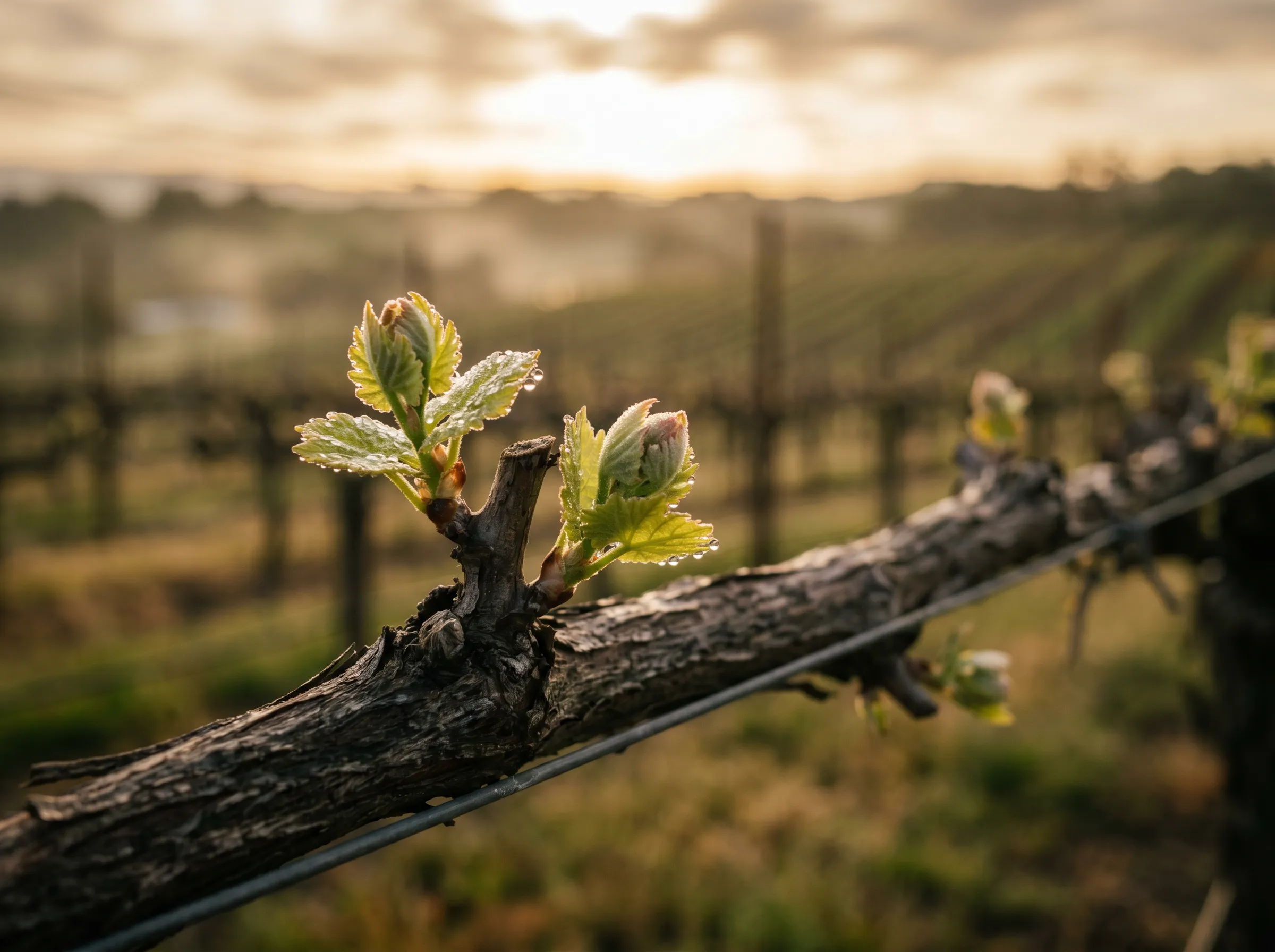 First green shoots emerging on a vine at bud break