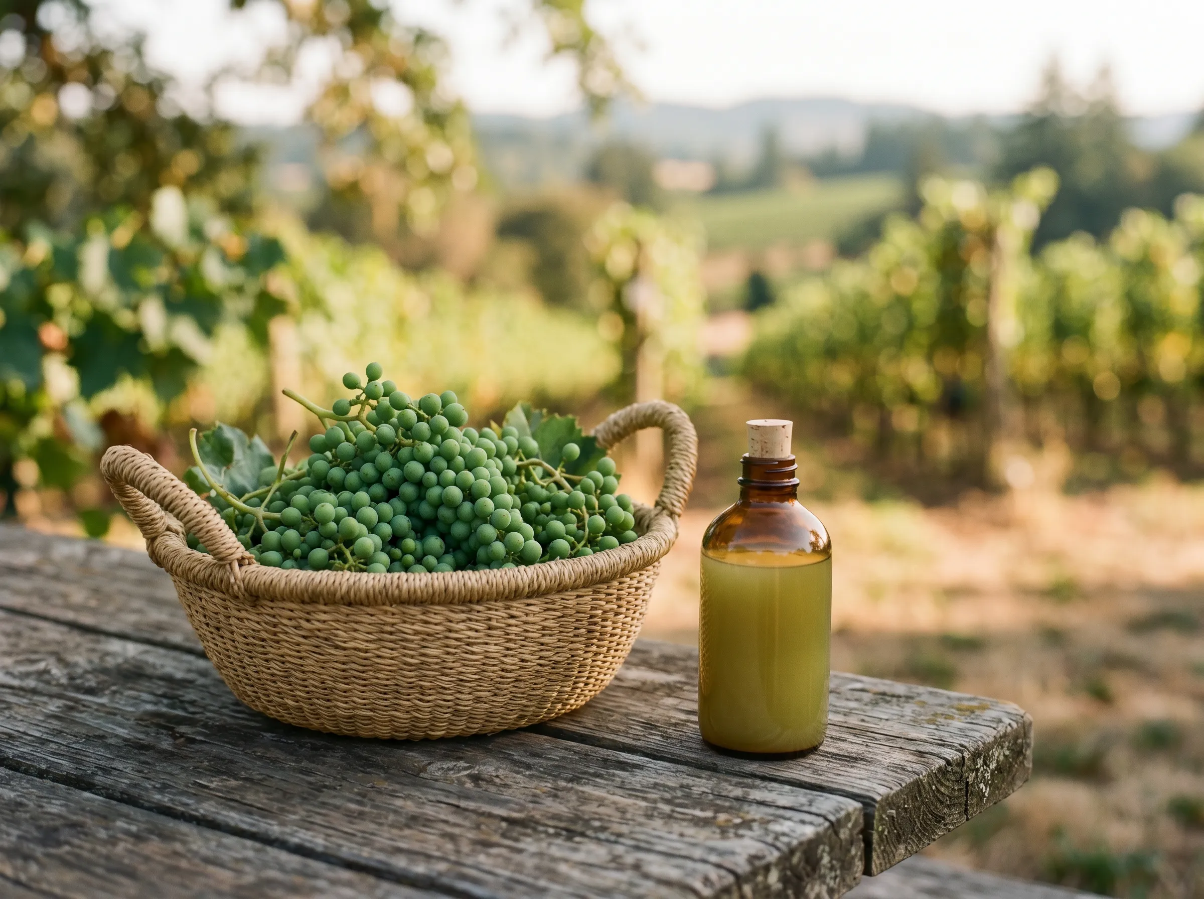 Unripe grapes pressed into verijuice, with an amber sample bottle
