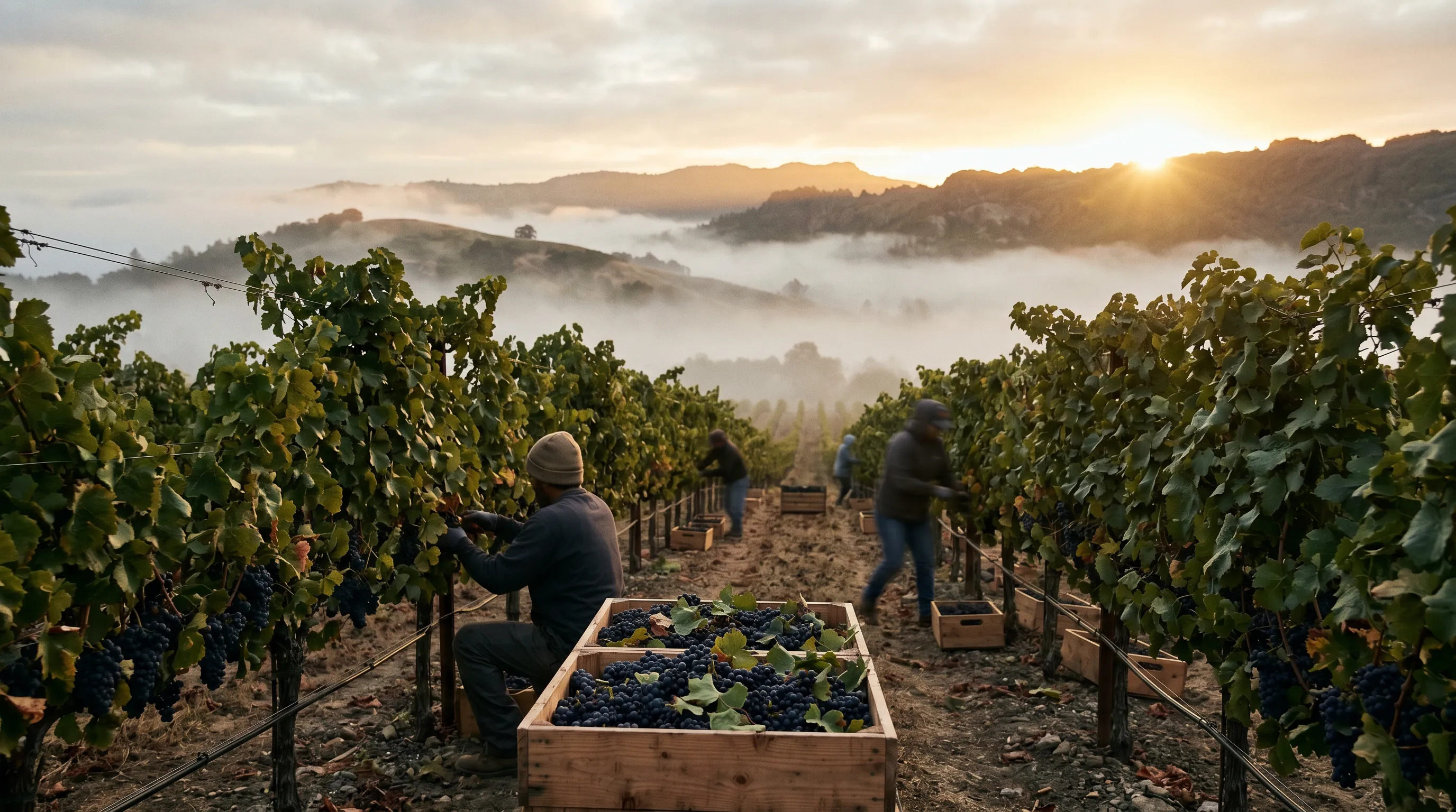 A vineyard at harvest, baskets filling at first light