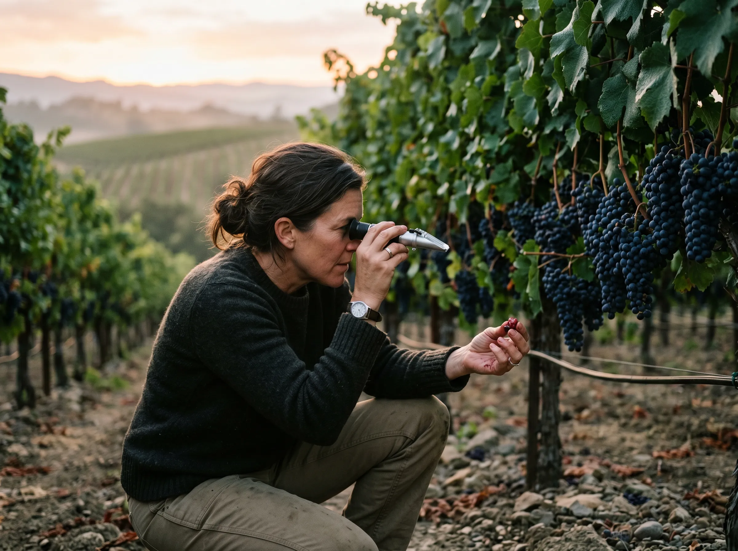 A winemaker checking brix in the vineyard before the pick