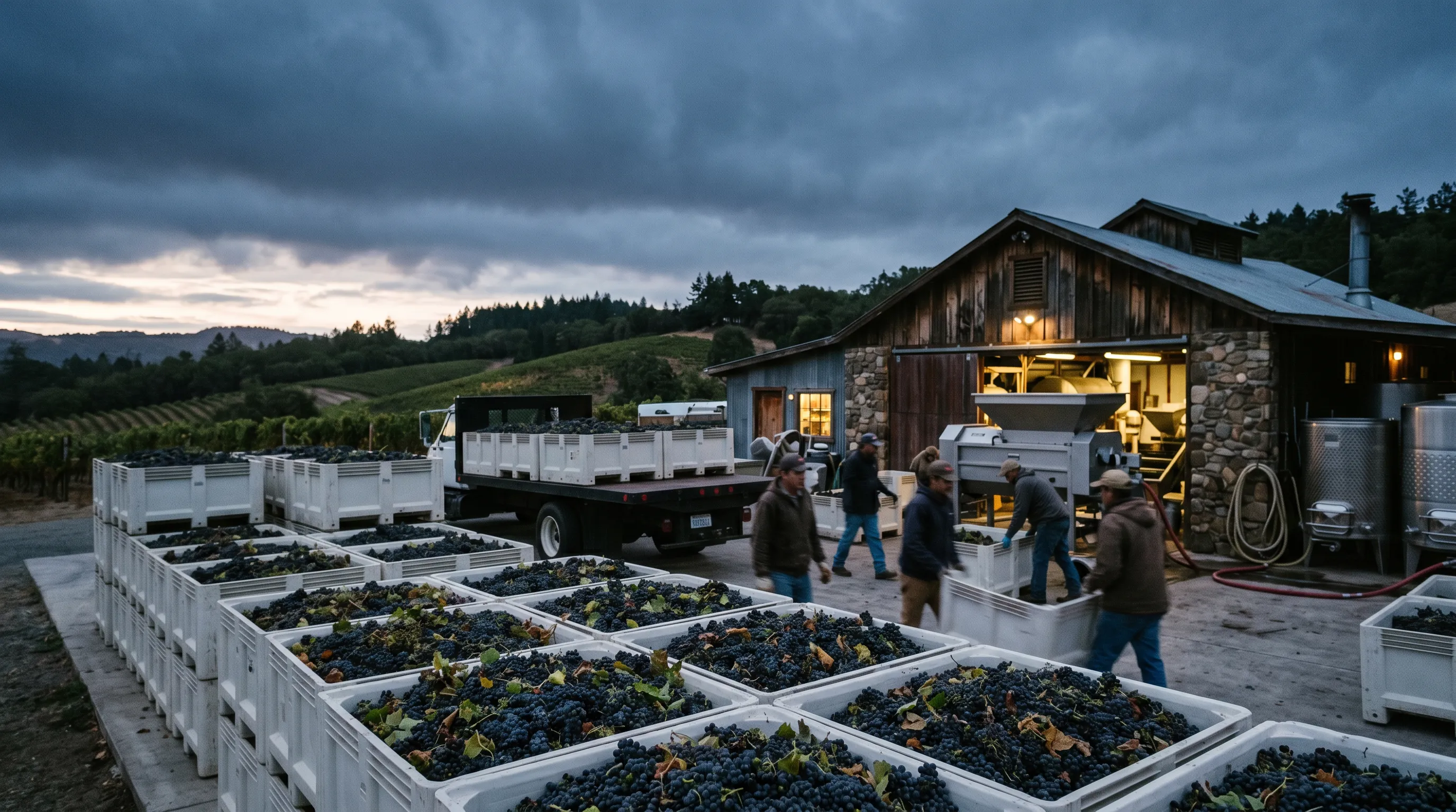 Crates of just-picked grapes at the winery