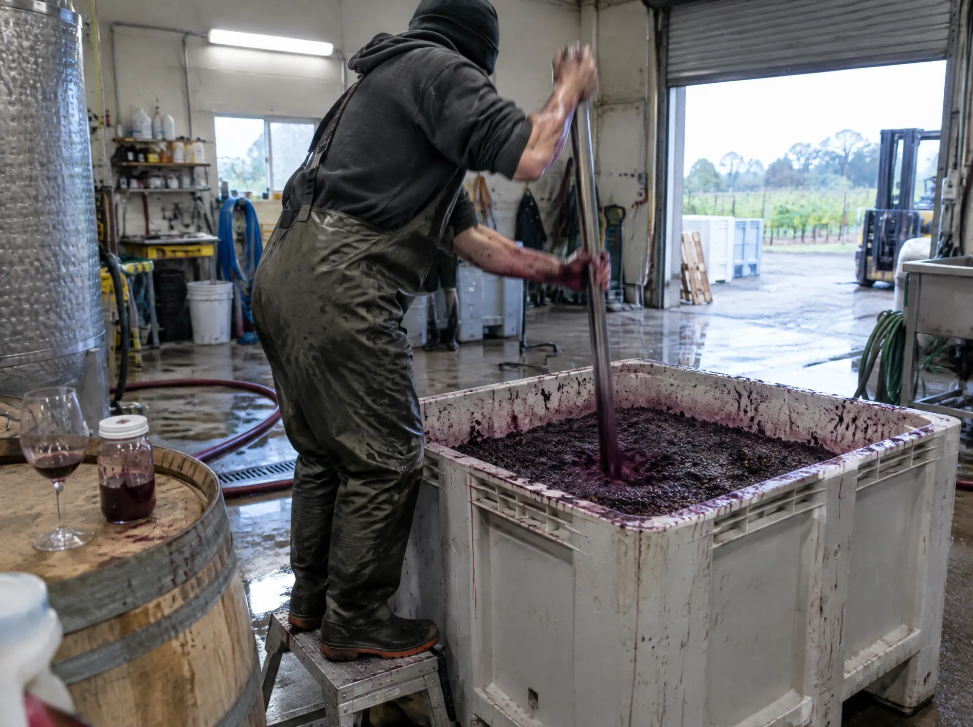 A winemaker punching down the cap on an open-top red ferment