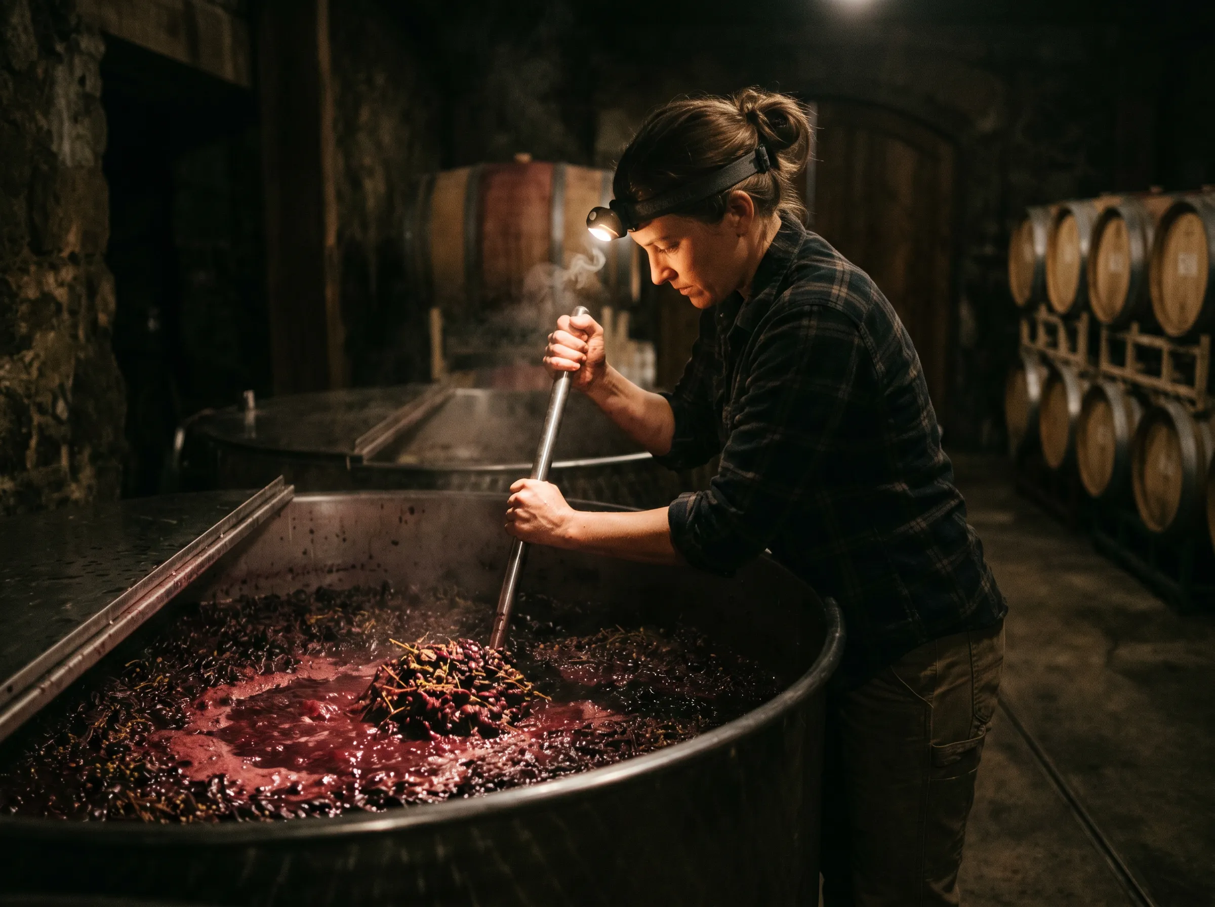 Cap-punching during active fermentation in the cellar