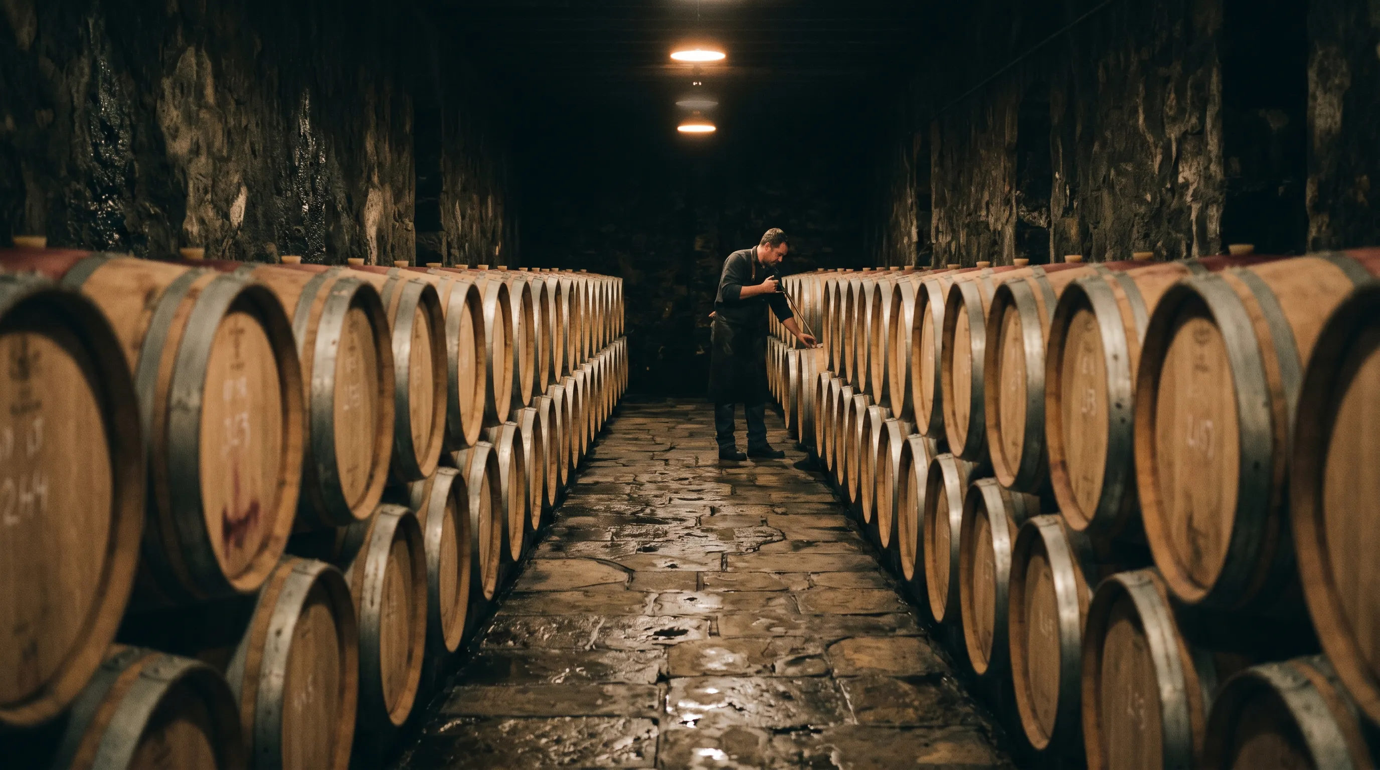 Barrels stacked in a cool cellar, aging wine