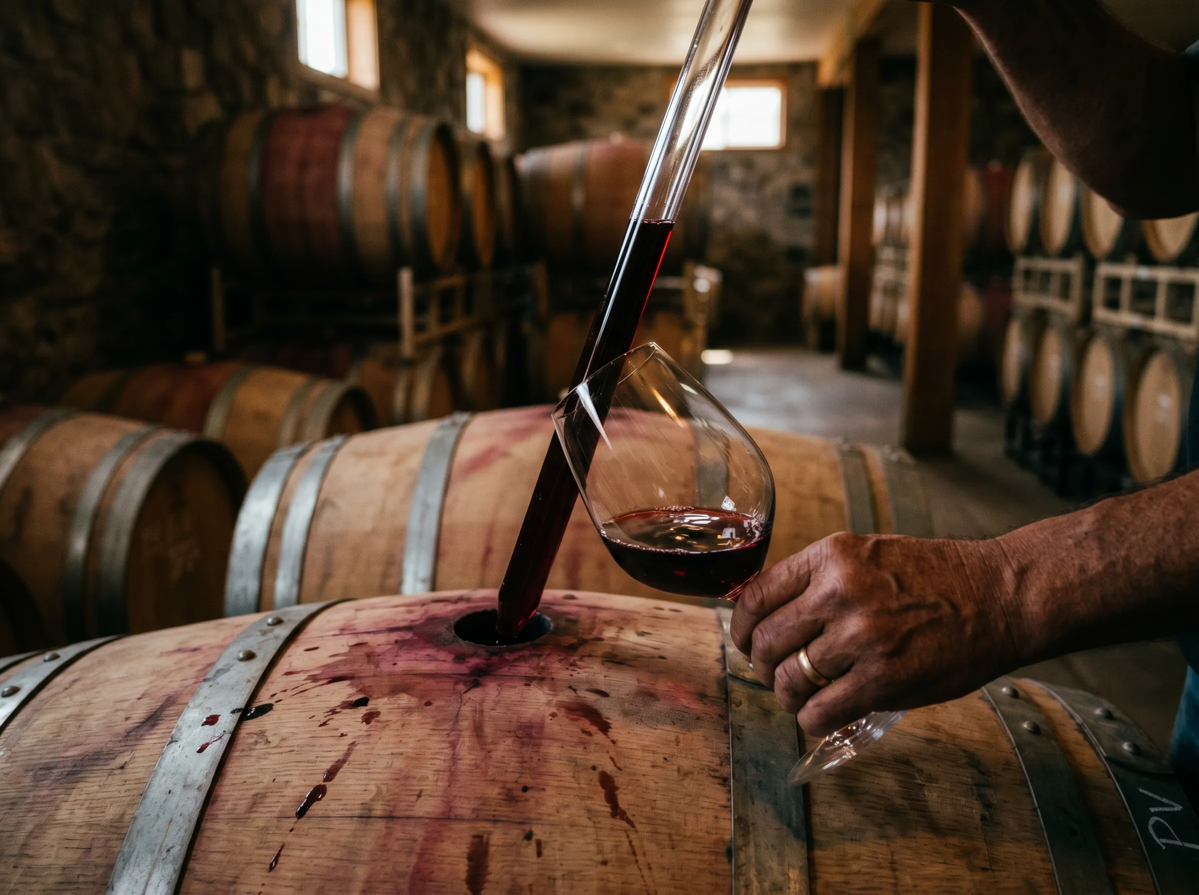 A winemaker pulling a barrel sample with a thief