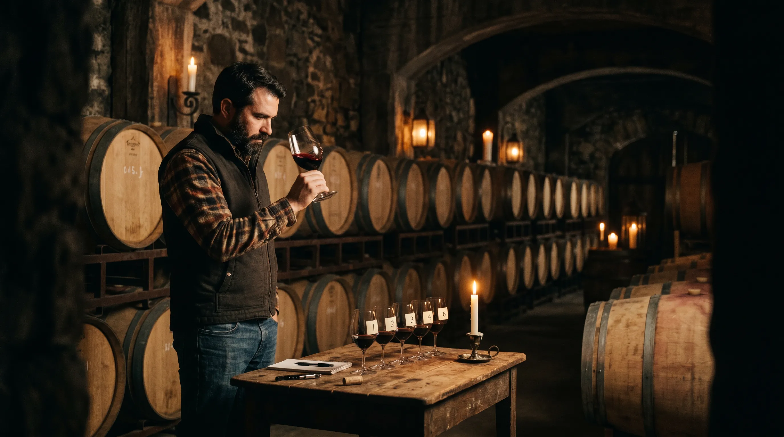 A winemaker tasting a glass of red in the cellar