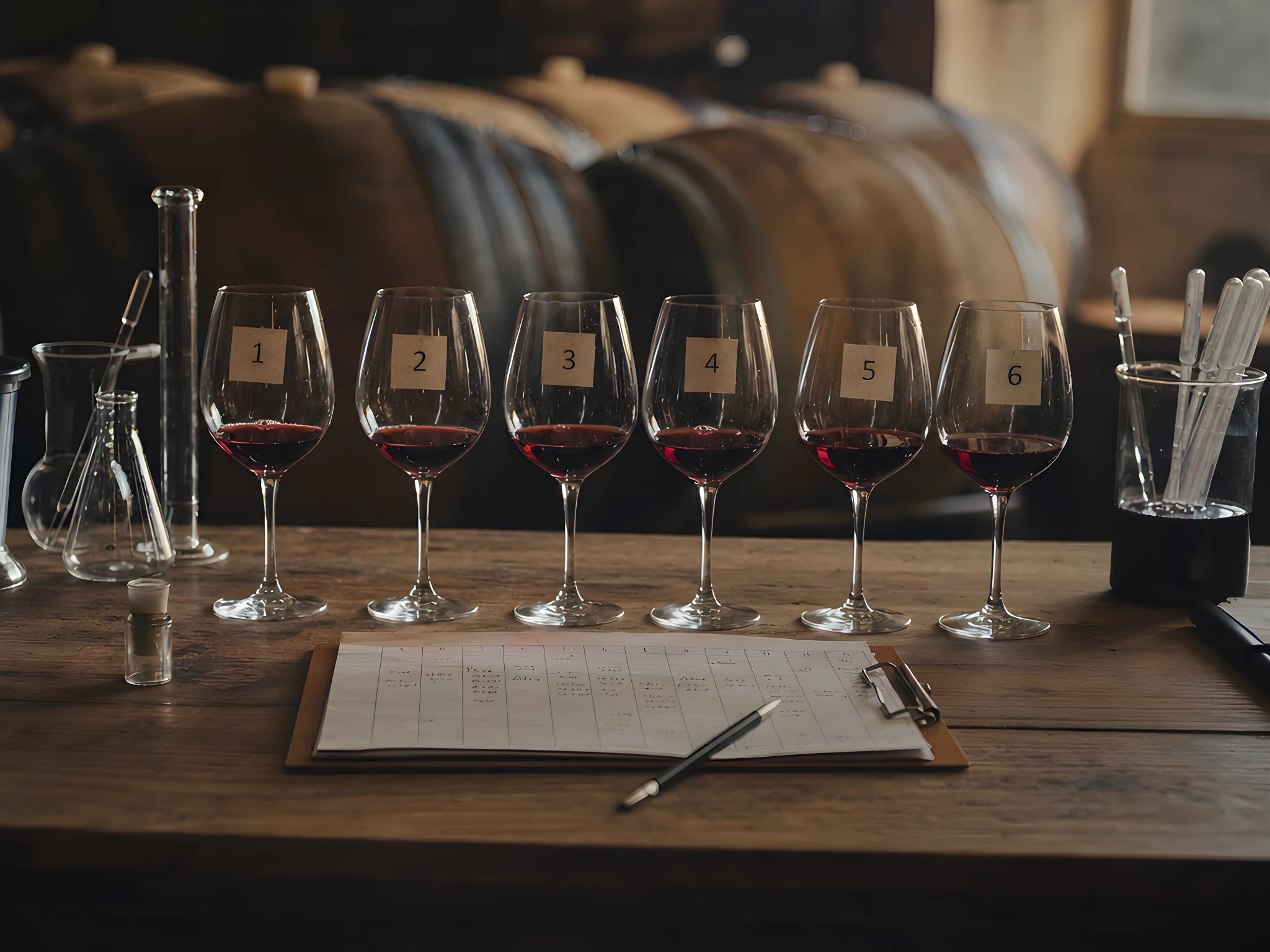 Blend trial glasses lined up before a tasting