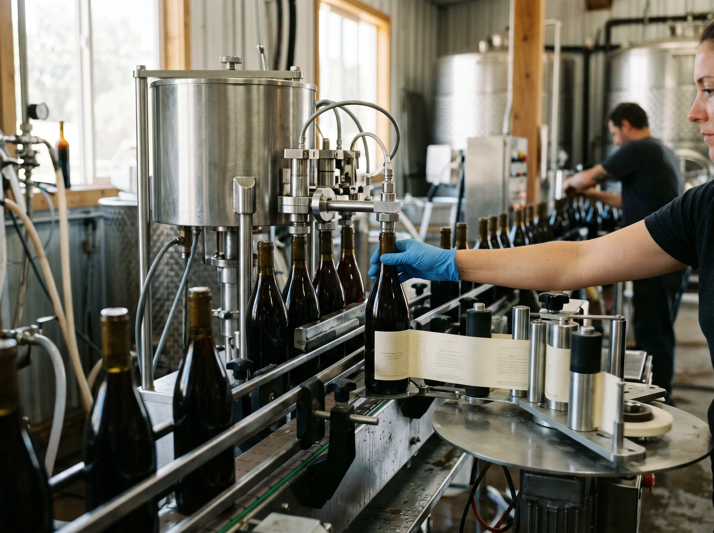 Bottling line running, labels going onto the bottles