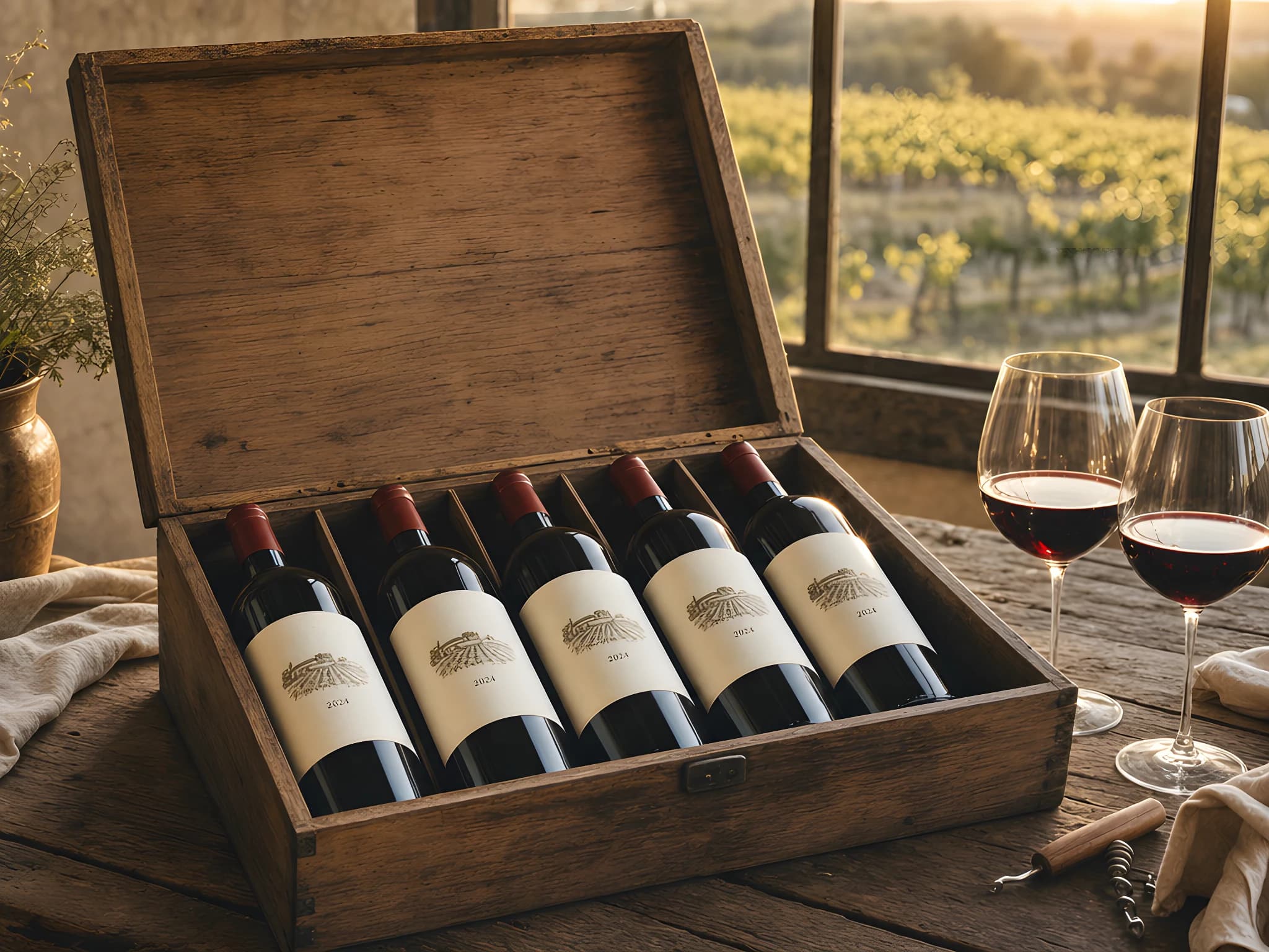 A wooden case of finished wine opened at home, two glasses poured