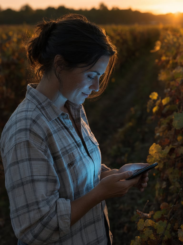 A winemaker looking at her phone