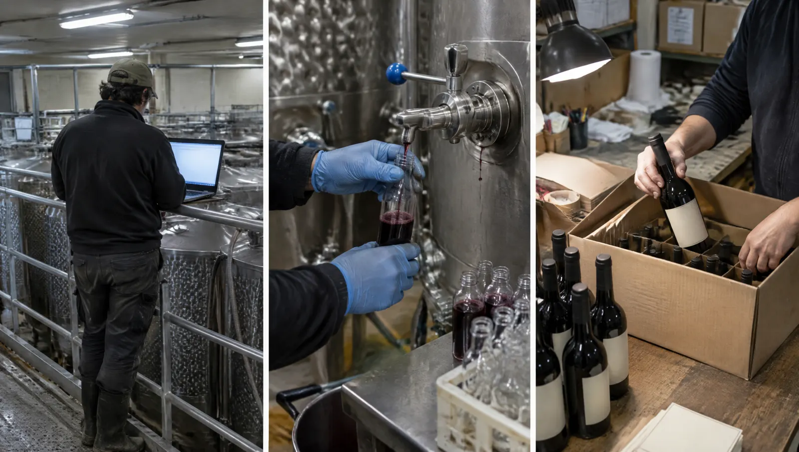 Three scenes side by side: a cellar worker checking a laptop beside steel tanks, gloved hands filling sample bottles, and someone packing bottles into a shipping box