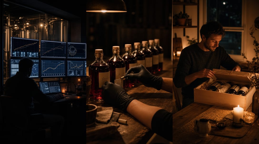 The ecosystem: winery control room, barrel samples, a Crew member opening a box