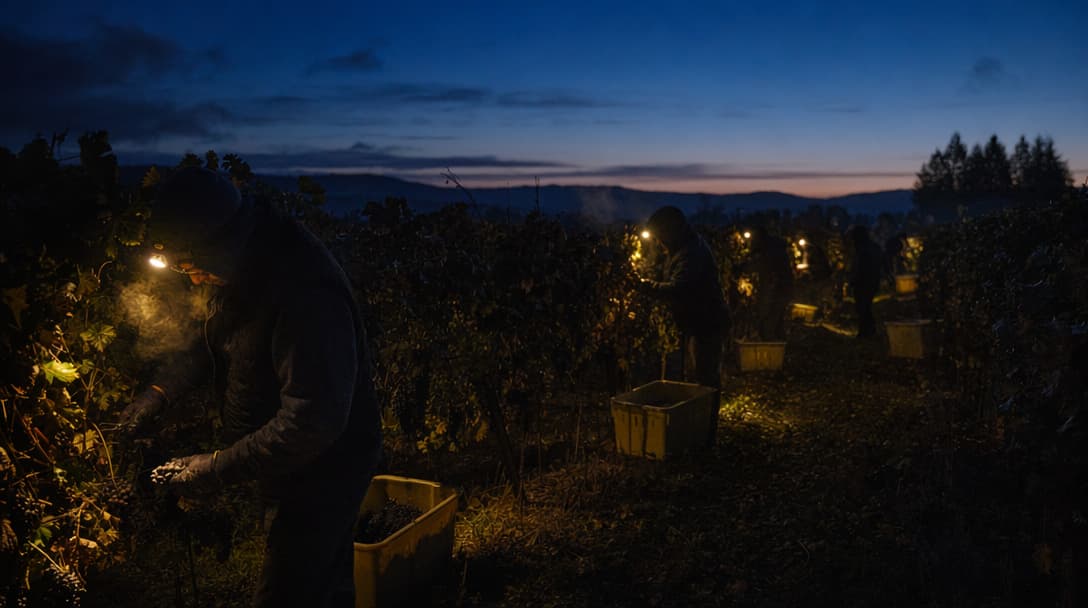 A Crew at harvest, working a row together at first light.